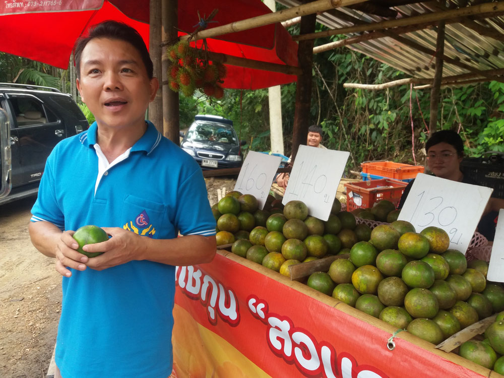 คุณสมชาย กับผลผลิตส้มโชกุนที่วางขายทางเข้าสวน