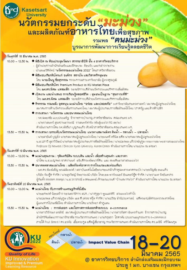 รวมพลคนมะม่วง! ม.เกษตรจัดงาน "มะม่วง & ผลิตภัณฑ์อาหารไทยเพื่อสุขภาพ” 18-20 มี.ค.65