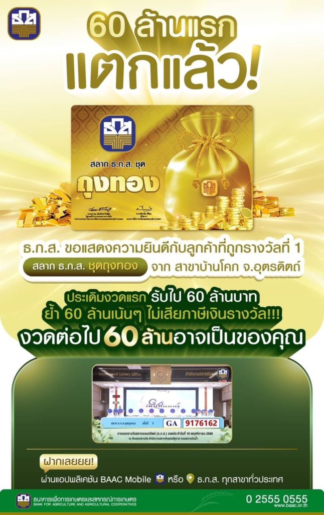 สลาก ธ.ก.ส. “ถุงทอง” จ่ายจริง Grand Prize 60 ล้าน รีบซื้อก่อนหมด!