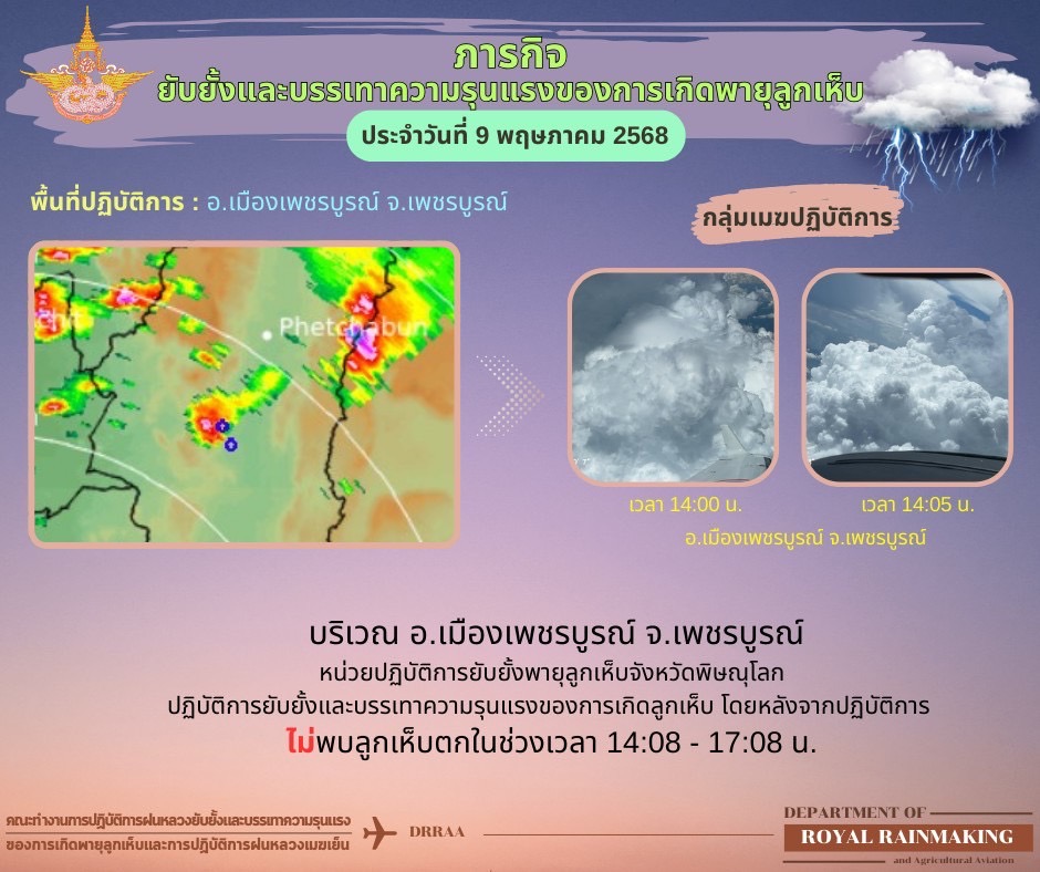 อธิบดีฝนหลวงฯ สั่งปฏิบัติการบรรเทาความรุนแรงของพายุลูกเห็บพื้นที่ภาคเหนือตอนล่าง-ภาคตะวันออกเฉียงเหนือ หลังกรมอุตุฯ ประกาศเตือนเกิดพายุฤดูร้อนช่วง 9-12 พ.ค. นี้