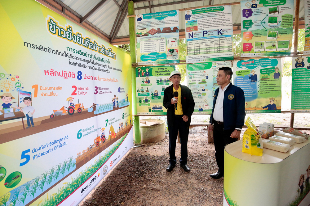 ผอ.ขจร ฟังคำอธิบายหลักปฏิบัติเรื่องข้าวยั่งยืนจาก คุณมนตรี พรหมลักษณ์ องค์กรความร่วมมือระหว่างประเทศของเยอรมัน (GIZ) ประจำประเทศไทย