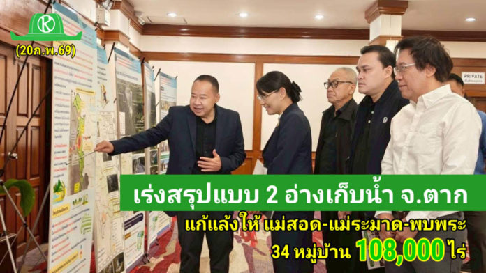 กรมชลประทาน เดินหน้า 2 อ่างเก็บน้ำ จ.ตาก แก้แล้งให้ แม่สอด-แม่ระมาด-พบพระ 108,000 ไร่ กรมชลประทาน ออกแบบ 2 อ่างเก็บน้ำ สนับสนุนเขตพัฒนาเศรษฐกิจพิเศษตาก เพิ่มน้ำต้นทุน 164 ล้าน ลบ.ม. แก้แล้งให้ แม่สอด-แม่ระมาด-พบพระ 34 หมู่บ้าน 108,000 ไร่