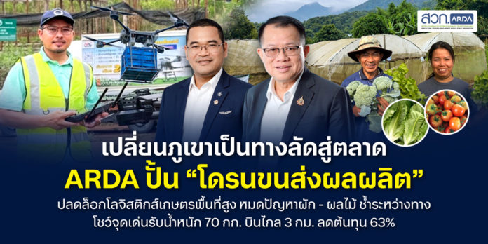 เปลี่ยนภูเขาเป็นทางลัดสู่ตลาด ...ARDA ปั้น “โดรนขนส่งผลผลิต” เปลี่ยนภูเขาเป็นทางลัดสู่ตลาด ...ARDA ปั้น “โดรนขนส่งผลผลิต” ปลดล็อกโลจิสติกส์เกษตรพื้นที่สูงหมดปัญหาผัก - ผลไม้ ช้ำระหว่างทาง โชว์จุดเด่นรับน้ำหนัก 70 กก. บินไกล 3 กม. ลดต้นทุน 63%