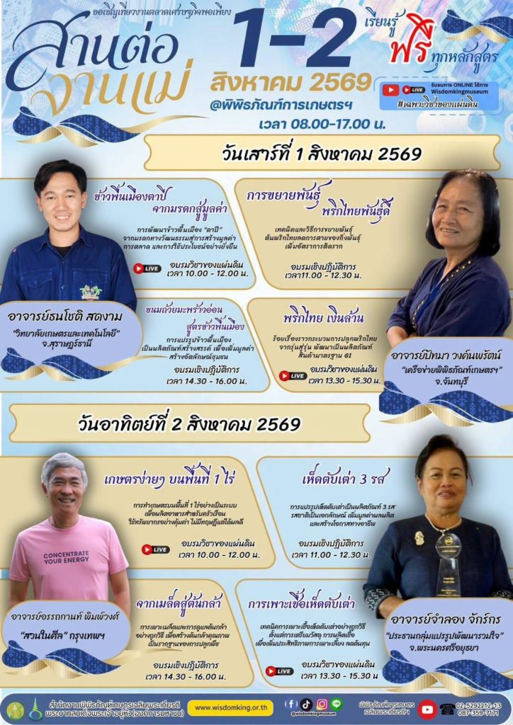 พิพิธภัณฑ์การเกษตรฯ ชวนเที่ยวงาน “สานต่องานแม่” อบรมวิชาชีพของแผ่นดิน ฟรี