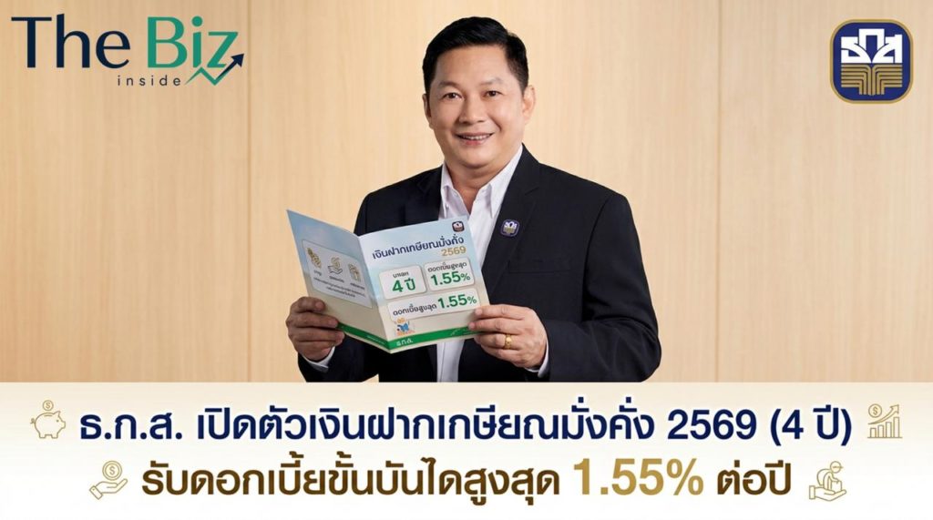 ธ.ก.ส. เปิดตัวเงินฝากเกษียณมั่งคั่ง 2569 (4 ปี) รับดอกเบี้ยขั้นบันไดสูงสุด 1.55% ต่อปี เฉลี่ย 1.40% ต่อปี จ่ายดอกเบี้ยทุกเดือน ปลอดภาษี