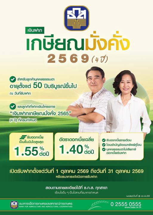 ธ.ก.ส. เปิดตัวเงินฝากเกษียณมั่งคั่ง 2569 (4 ปี) รับดอกเบี้ยขั้นบันไดสูงสุด 1.55% ต่อปี เฉลี่ย 1.40% ต่อปี จ่ายดอกเบี้ยทุกเดือน ปลอดภาษีhaphth-1 ธ.ก.ส. เปิดตัวเงินฝากเกษียณมั่งคั่ง 2569 (4 ปี) รับดอกเบี้ยขั้นบันไดสูงสุด 1.55% ต่อปี เฉลี่ย 1.40% ต่อปี จ่ายดอกเบี้ยทุกเดือน ปลอดภาษี